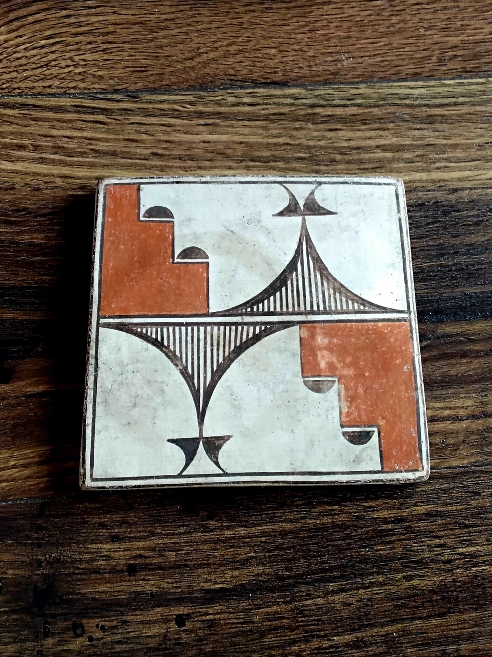Antique Pino Zia Pueblo Polychrome Handcrafted Geometric Tile. Signed